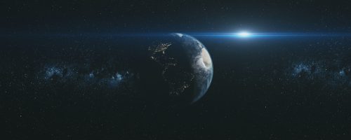 Spin Earth Orbit Meteor Glow Starry Background. Planet Fast Motion Universe Celestial Constellation World Map Deep Space Exploration Concept 3D Animation