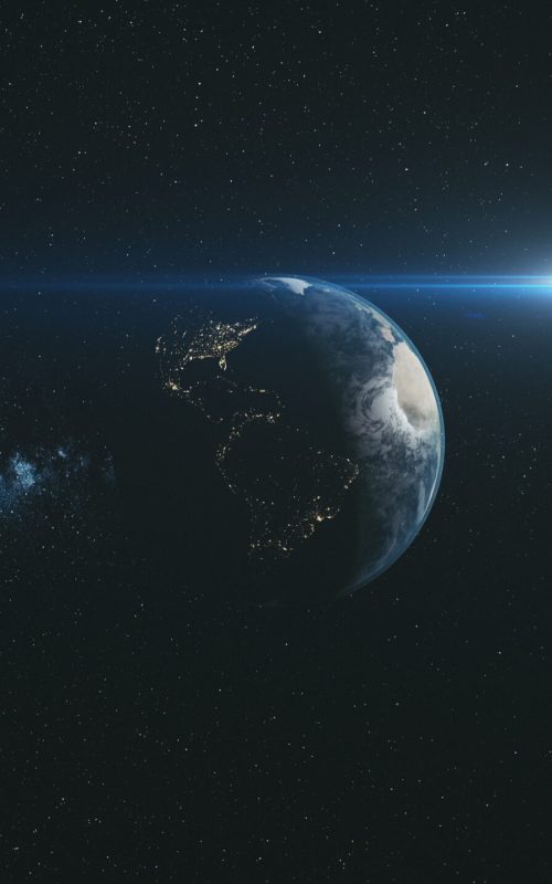 Spin Earth Orbit Meteor Glow Starry Background. Planet Fast Motion Universe Celestial Constellation World Map Deep Space Exploration Concept 3D Animation